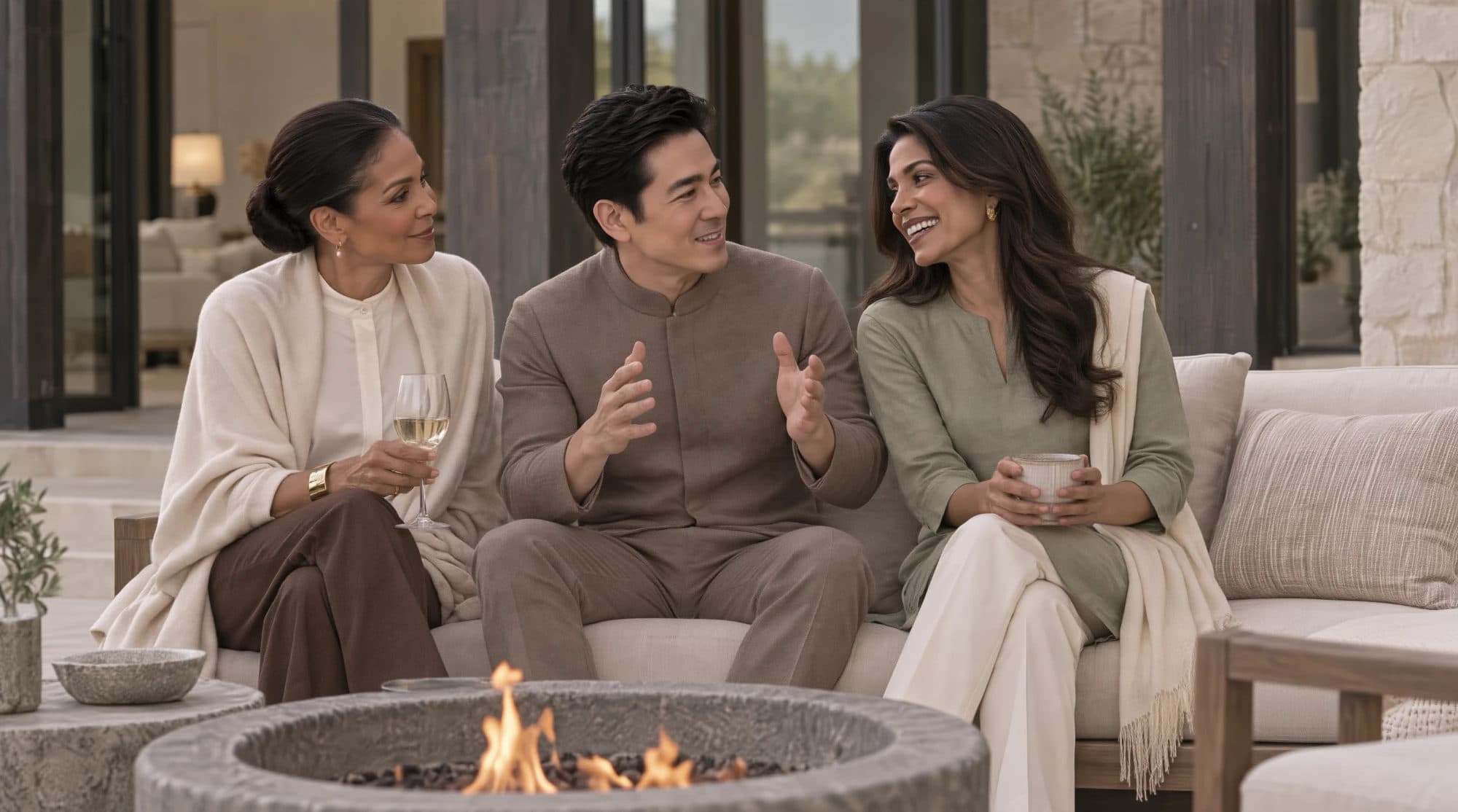 A man and a woman laugh together on a linen sofa beside a stone fire pit on an outdoor terrace