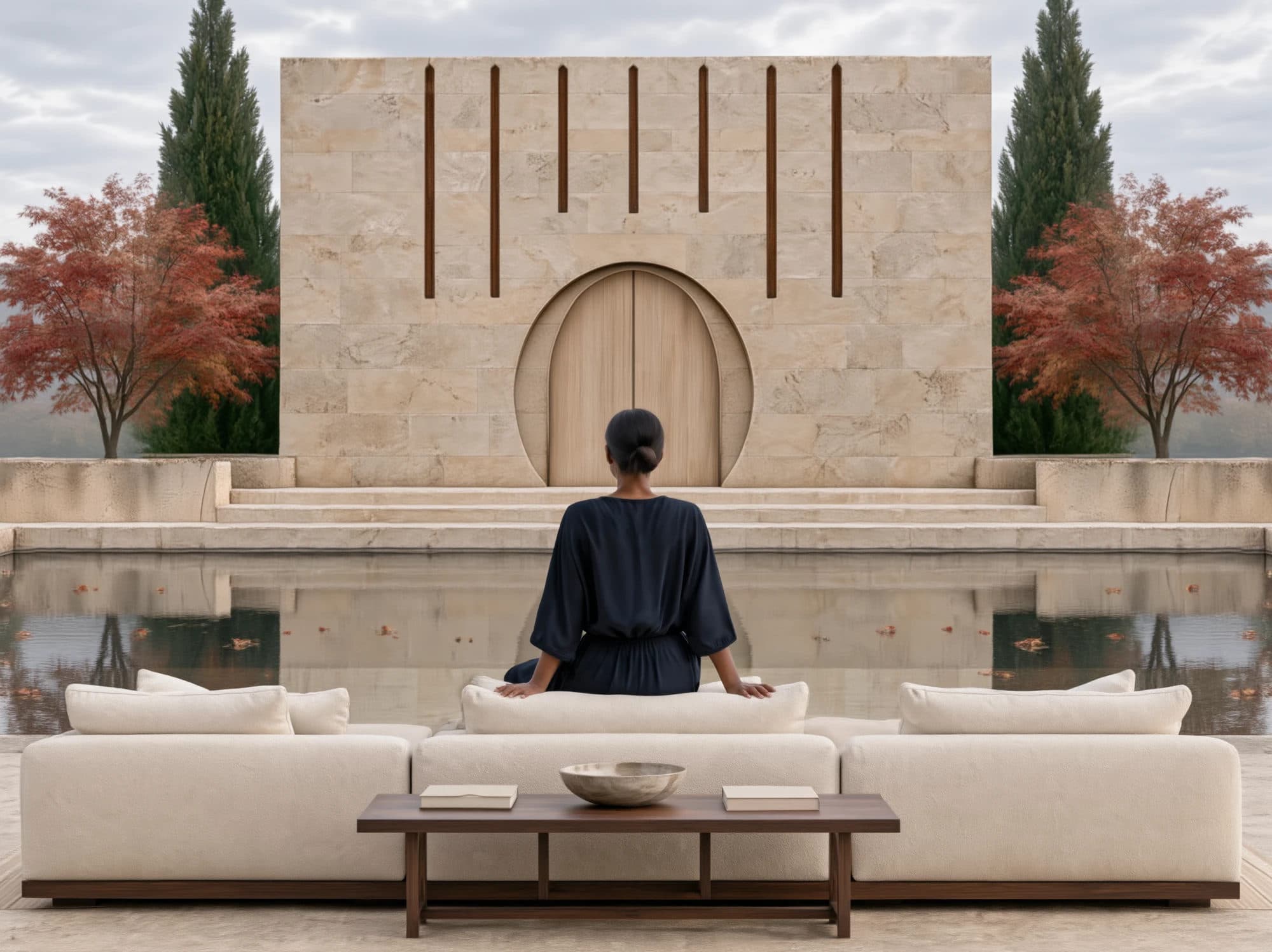 A woman in a navy dress seen from behind, seated at the edge of a still pool, facing a stone pavilion with a round arched door