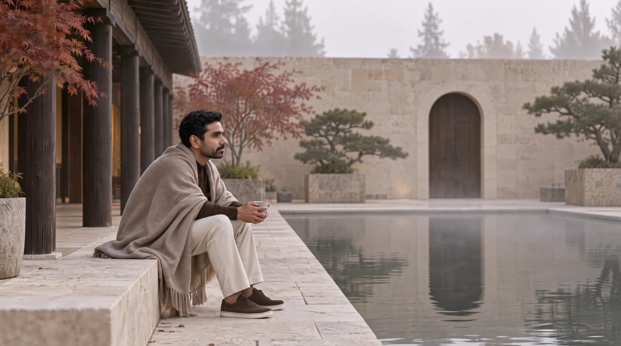A man wrapped in a wool blanket sits alone at the edge of a courtyard pool in the morning mist